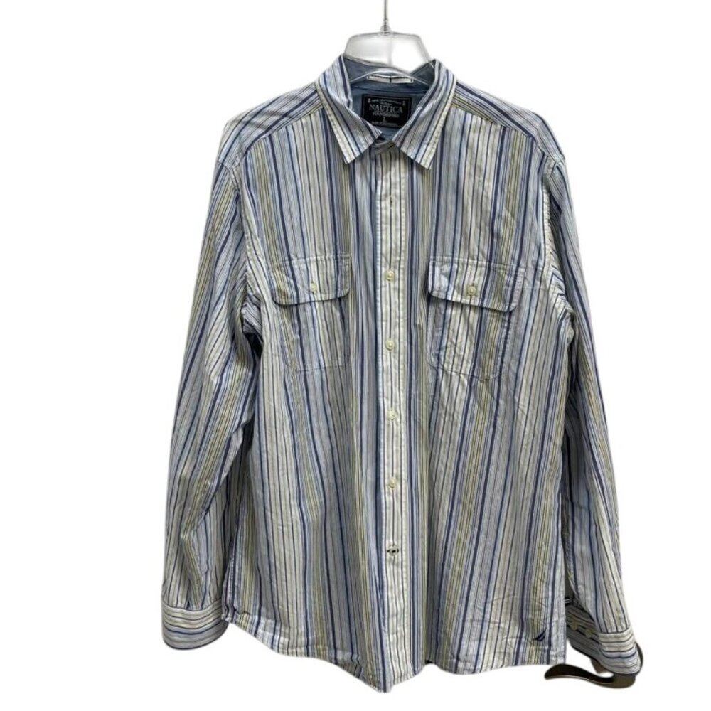 Nautica Men's Blue White Yellow Button-Down Cotton Shirt Long Sleeve Size Large
